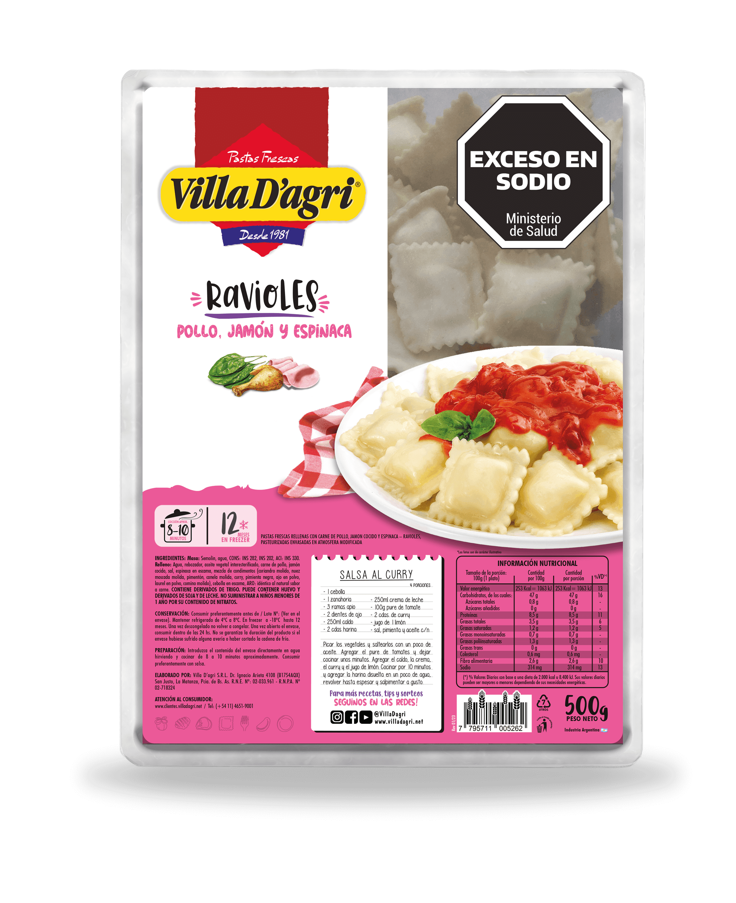 VILLA DAGRI Ravioles pollo  jamon y verd x 500g